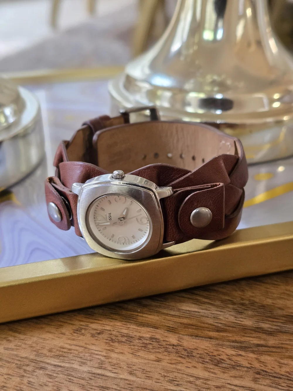 Fossil Brown Leather Cuff Watch with Silver Case and White Dial